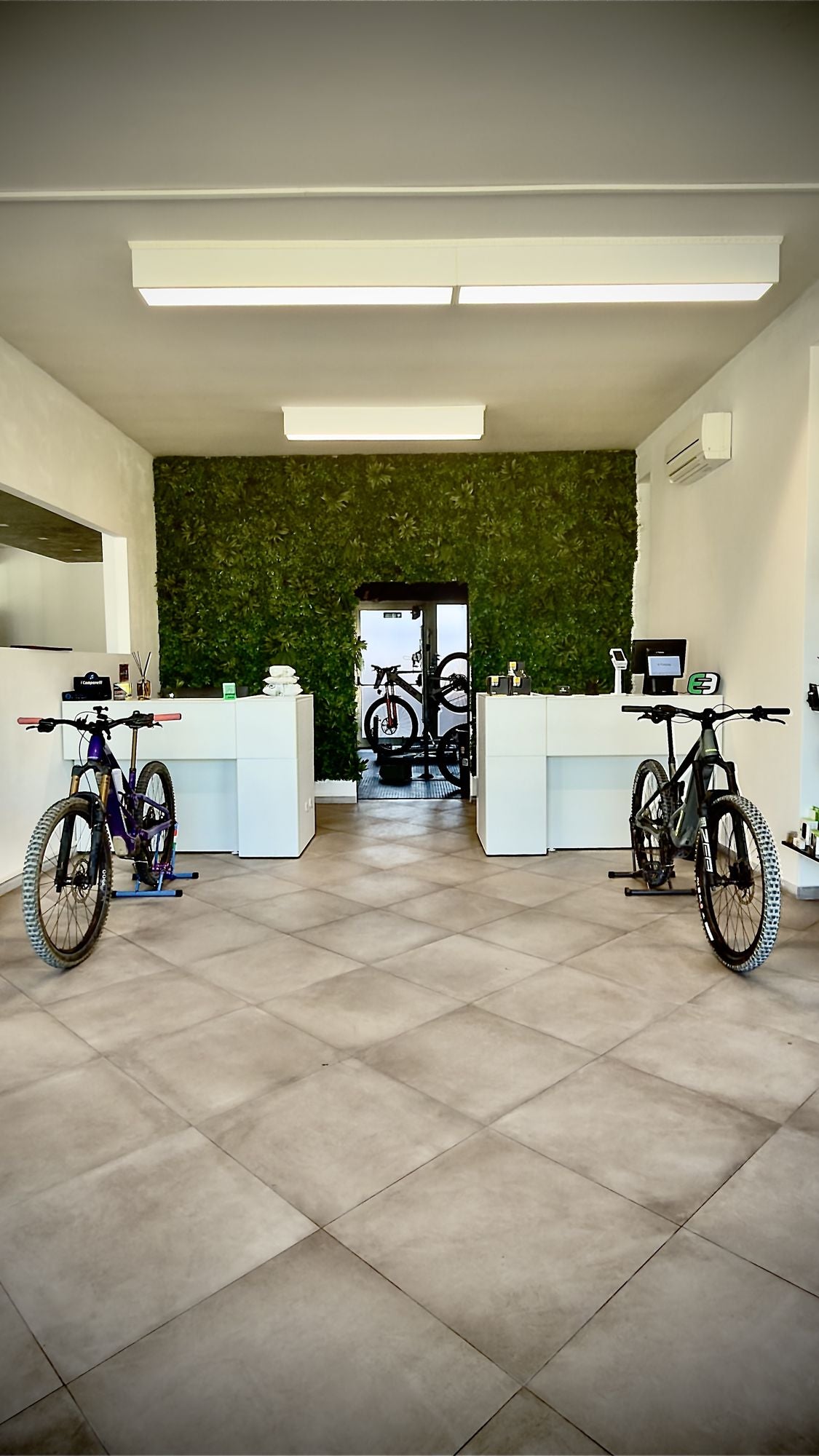 Accoglienza e parete verde del negozio EbikeStore Pisa